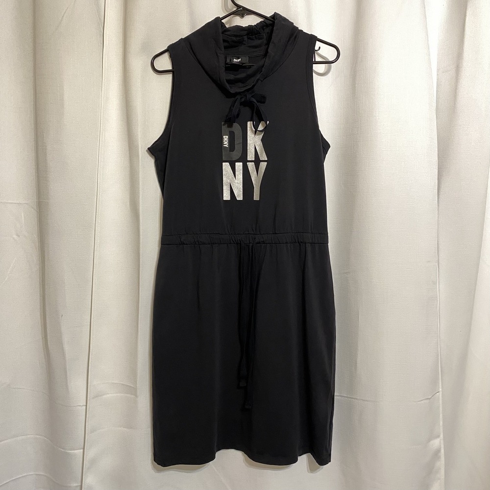 DKNY Black Cowl Neck Sleeveless Knee-Length Dress Size Medium Logo Drawstring‎